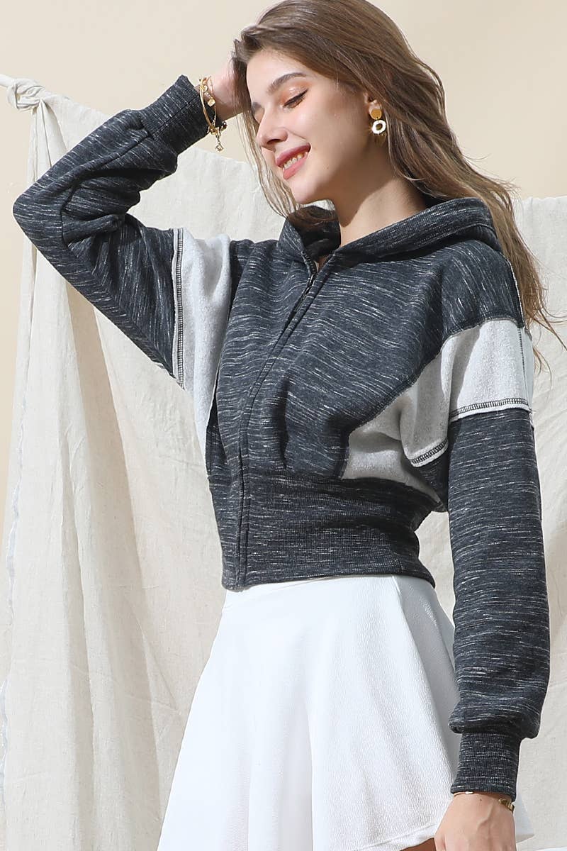 CWOHOL432_SOLID RAW CUT SEAM SHORT CROP HOODIE