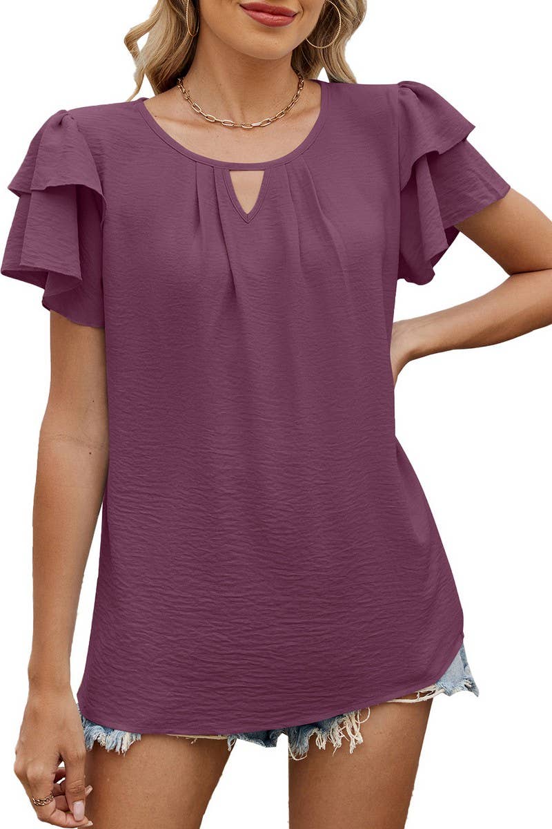 CWTTS1330_V-NECK HOLLOW DOUBLE-LAYER SLEEVE LOOSE T-SHIRT