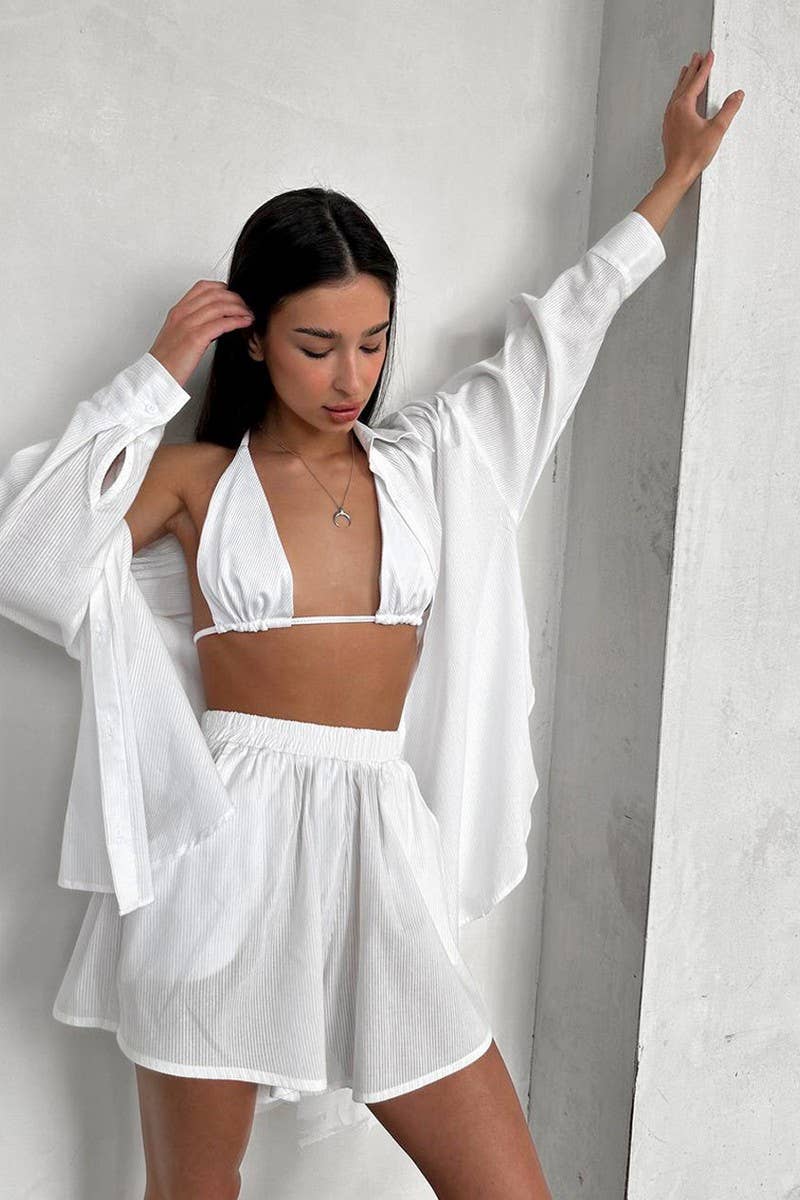 CWSPJ0259_WHITE LONG-SLEEVED UNDERWEAR SHORTS PAJAMA SET