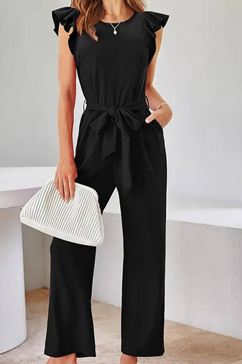 CWSBSS0061_LOTUS LEAF FLYING SLEEVE WAIST TIE CASUAL JUMPSUI