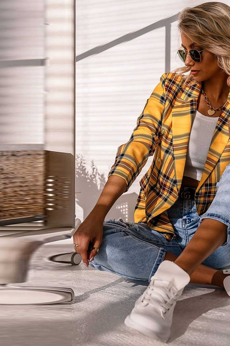 CWOBL0173_SINGLE-BREASTED LAPEL PLAID CASUAL BLAZER