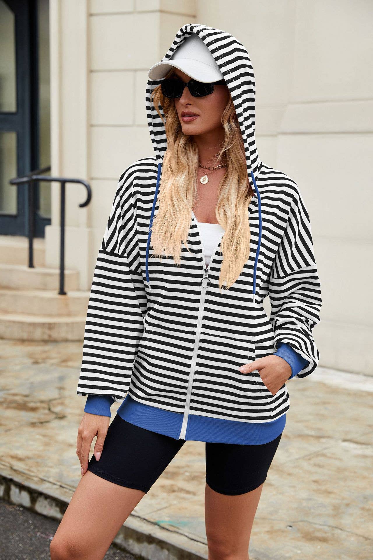 Casual,color-blocking striped hooded sweatshirt