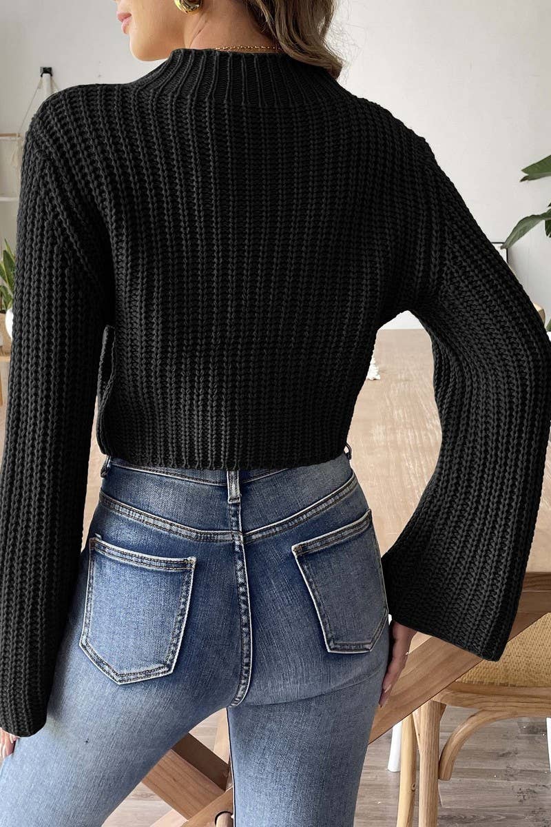 CWOSWL07408_WOMEN CROPPED KNIT SWEATER PEARL  FLARE SLEEVE