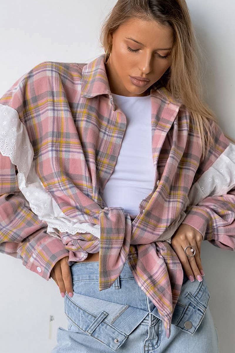 CWTBLL00586_FRESH LACE LOOSE LONG-SLEEVED PLAID SHIRT