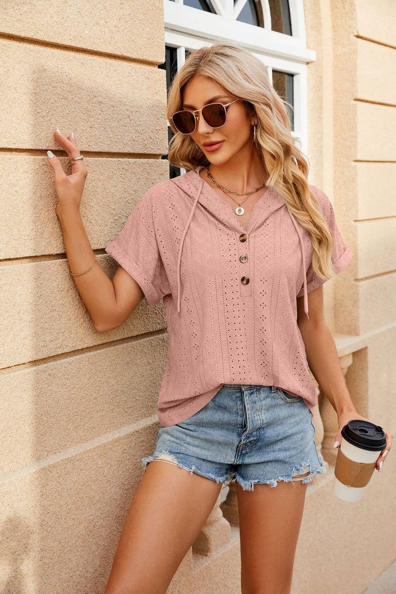 CWOHOS0015_Button Neck Short Sleeve Hoodi Knit Top