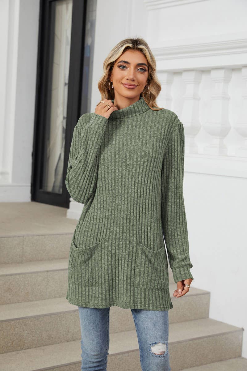 CWTBLL1856_HIGH NECK BRUSHED SOLID LONG SLEEVE POCKET TOP