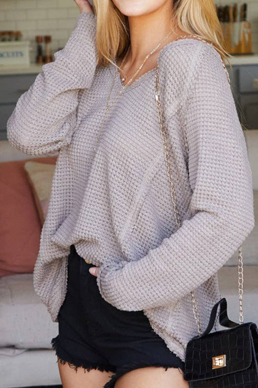 CWTTL1091_LONG SLEEVE V NECK WAFFLE KNIT TOP