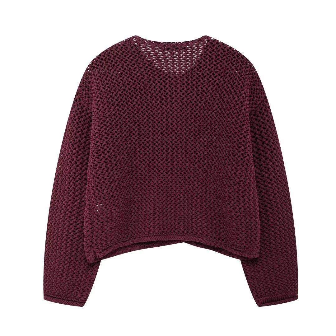 BURGUNDY COARSE NEEDLE KNIT CARDIGAN SWEATER