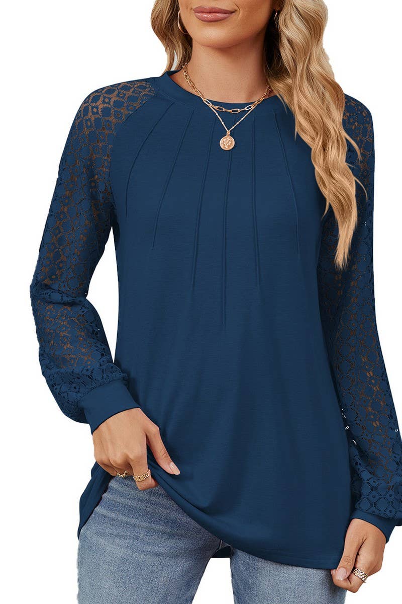 CWTBLL2349_AUTUMN AND WINTER ROUND NECK LACE CASUAL T-SHIRT