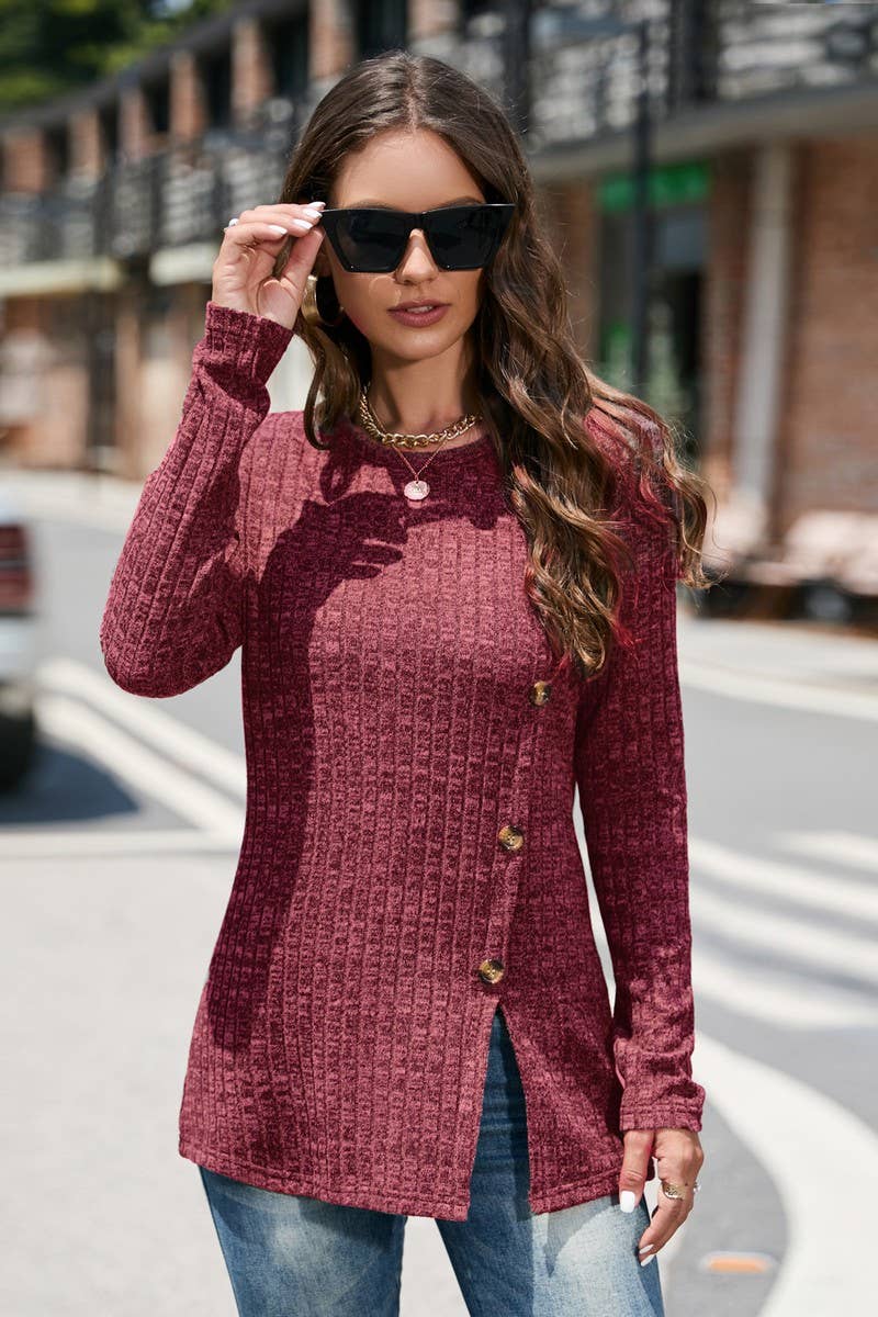 CWTBLL1630_RIBBED CREW NECK BUTTON-DOWN TOP