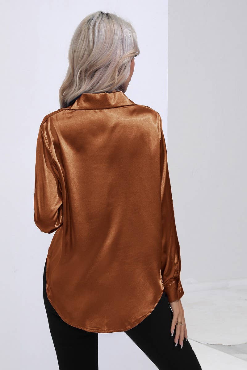 CWTBLL0690_Button Down Silky Satin Long Sleeve Top