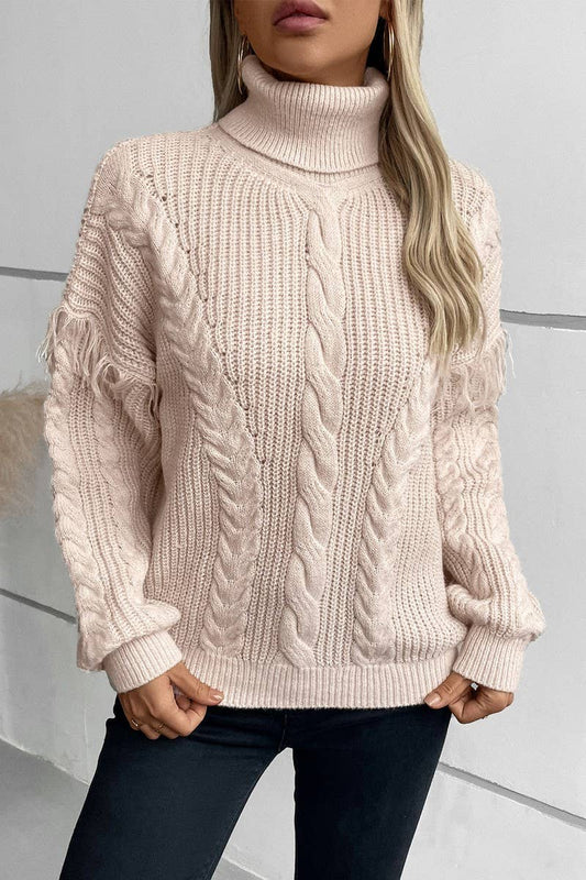 CWOSWL2810_FRINGED CABLE KNIT LONG SLEEVE PULLOVER SWEATER