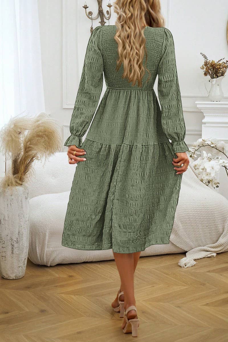 CWDMD4032_SOLID COLOR COMMUTING ROUND NECK PLEATED DRESS