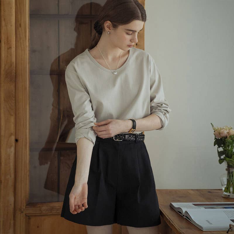 Cotton round-neck off-the-shoulder sleeve shirt