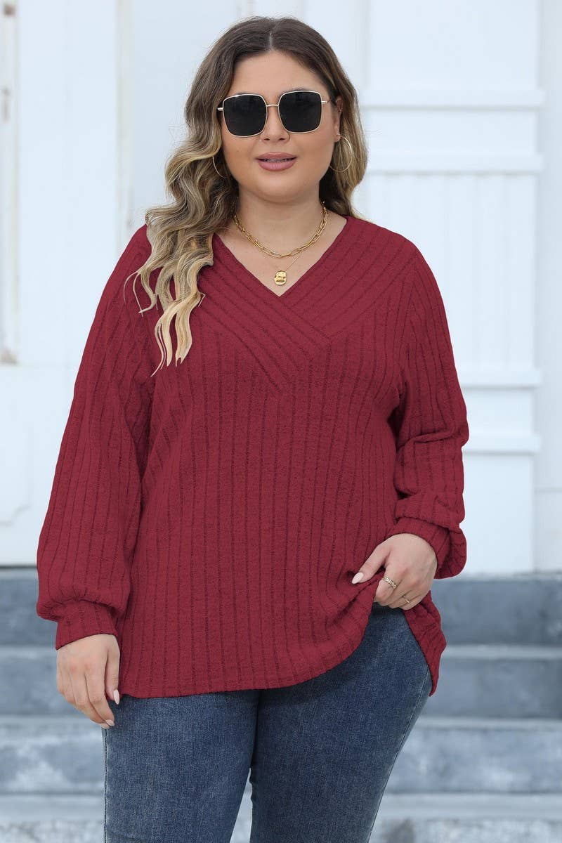 CWTTL1311_PLUS Size V-Neck Long Sleeve Pullover Top