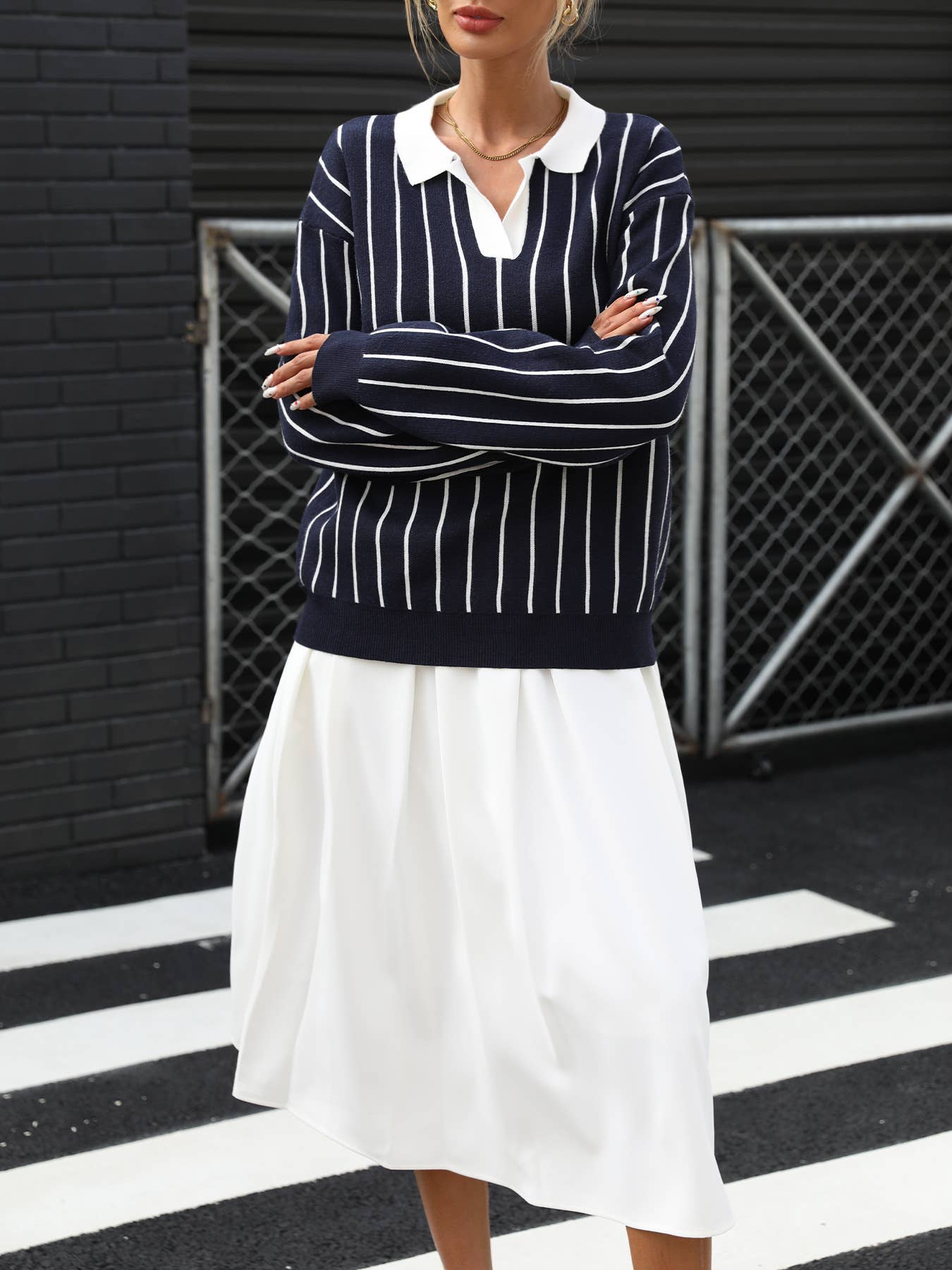 College casual street lapel striped sweater