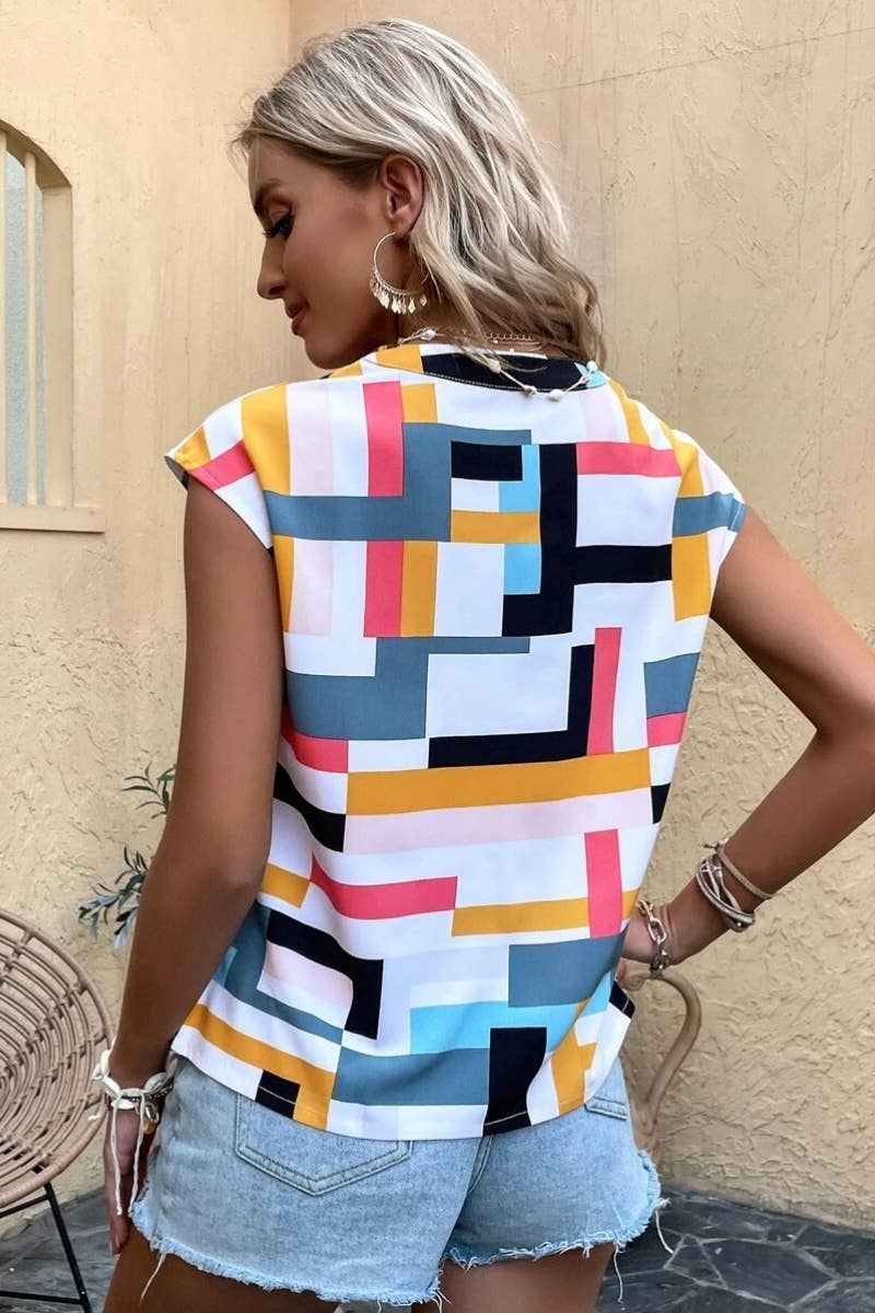 CWTBLS1123_SUMMER PRINTED V-NECK SLEEVELESS TOP