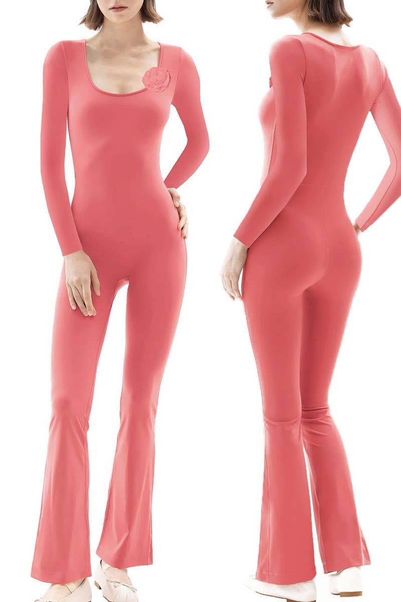 CWSJS1383_SQUARE NECK WIDE LEG HIGH ELASTIC JUMPSUIT