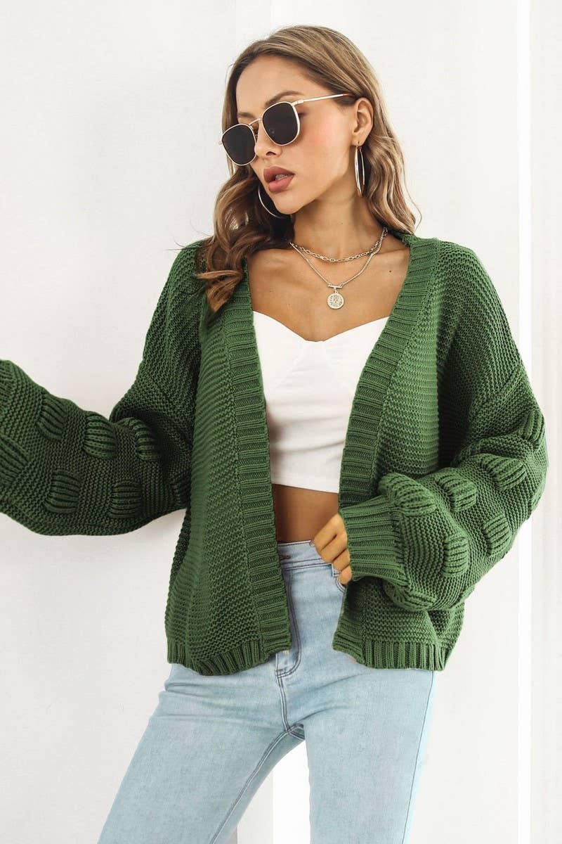 CWOCAL1191_3D LANTERN SLEEVE KNITTED CARDIGAN SWEATER