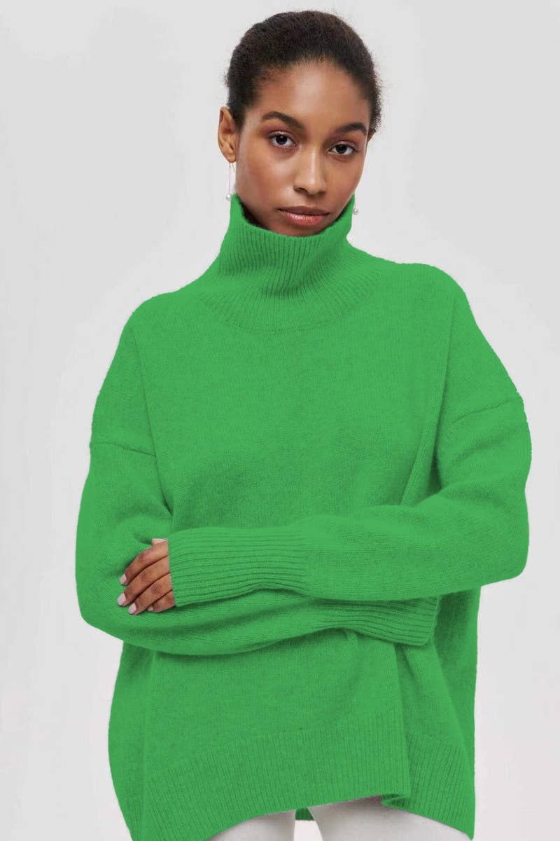 CWOSWL07646_SOLID COLOR LOOSE TURTLENECK KNITTED SWEATER