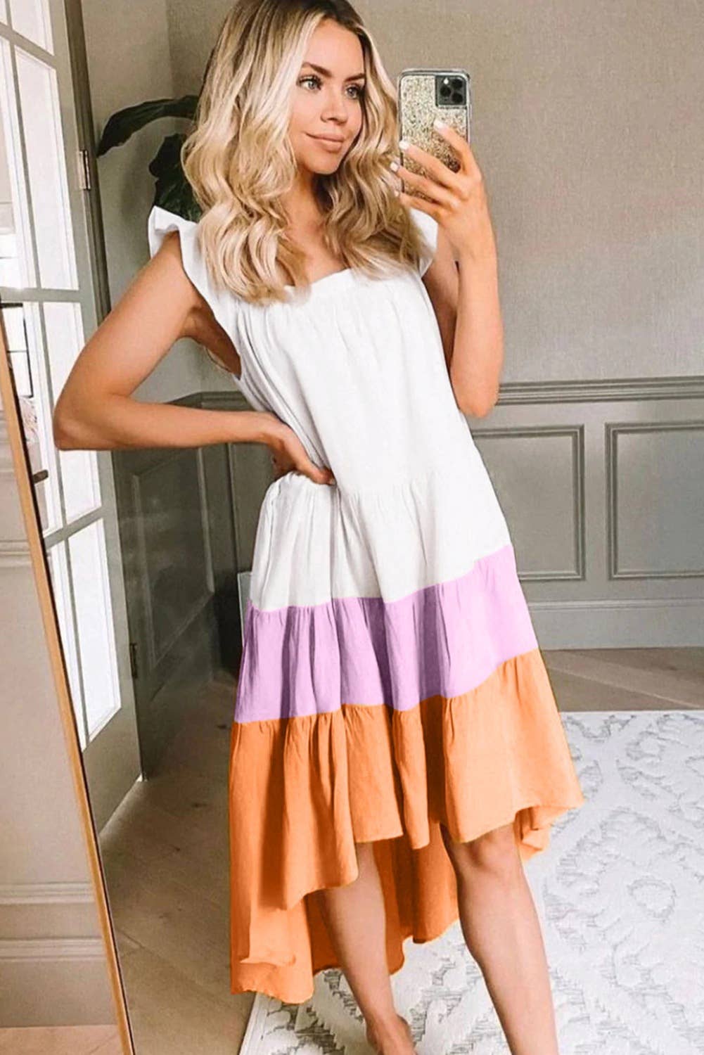 Bohemian-style two-tone square neck halter dress