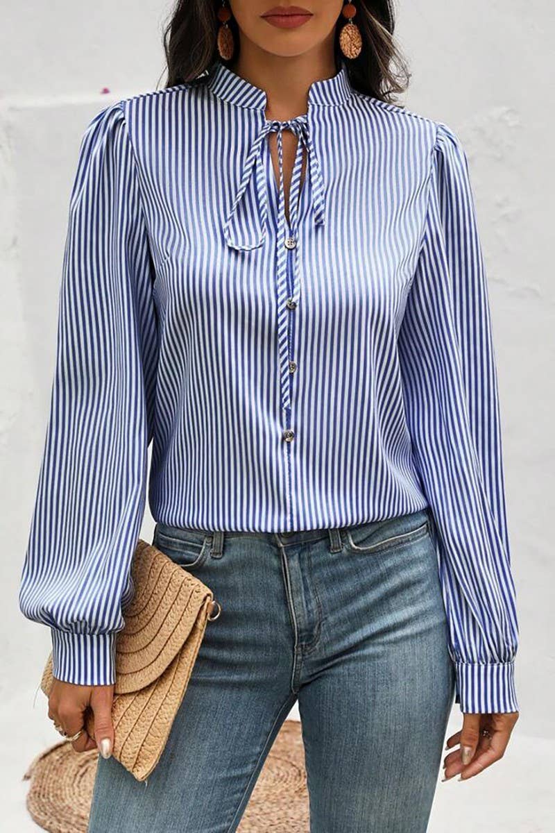 CWTBLL01287_HALF-OPEN COLLAR TIE LONG-SLEEVED STRIPED SHIRT