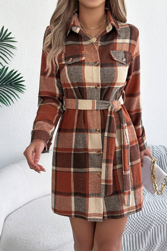 CWTDSL0124_CASUAL COLORBLOCK LONG SLEEVE PLAID SHIRT DRESS