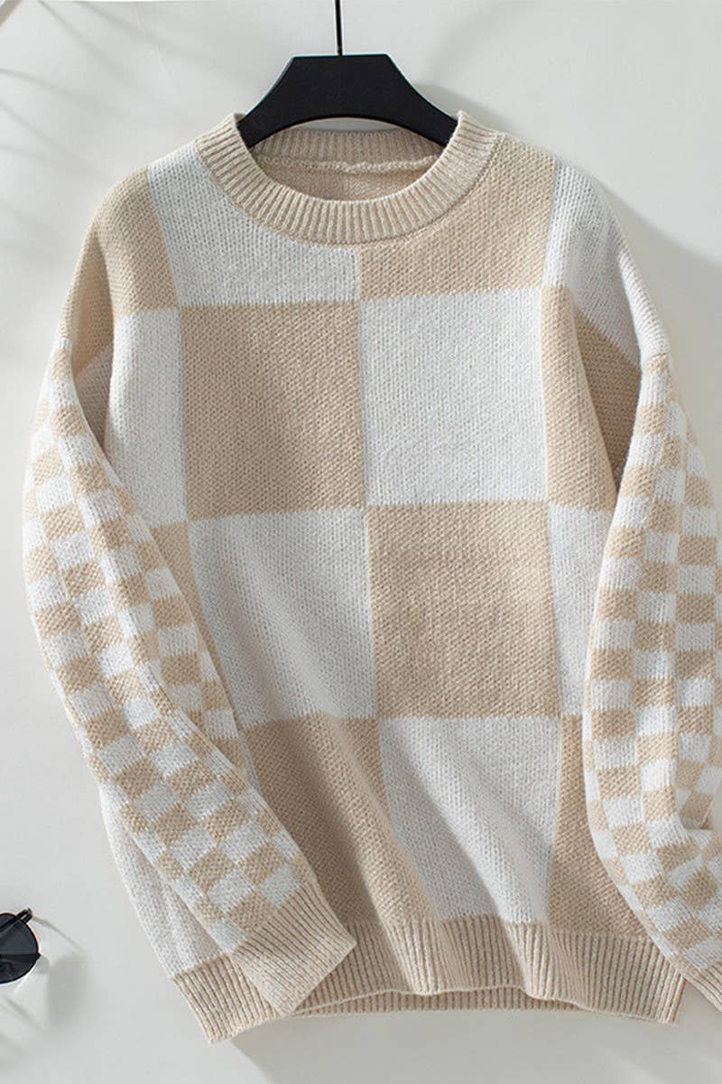 CWOSWL2873_CHECK CONTRAST KNIT SWEATER