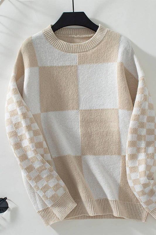 CWOSWL2873_CHECK CONTRAST KNIT SWEATER
