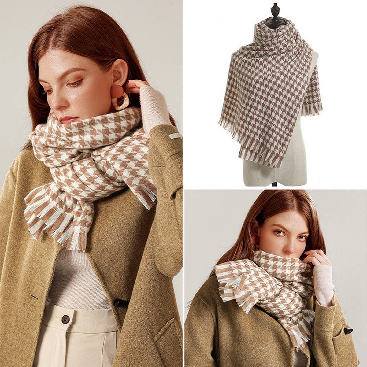 WINTER WARM LATTICE LARGE SCARF FRINGE SHAWL