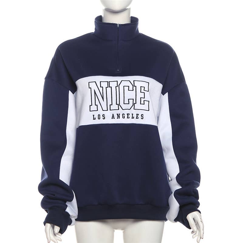 COLOR CONTRAST LETTER PRINT LOOSE CASUAL HOODIE