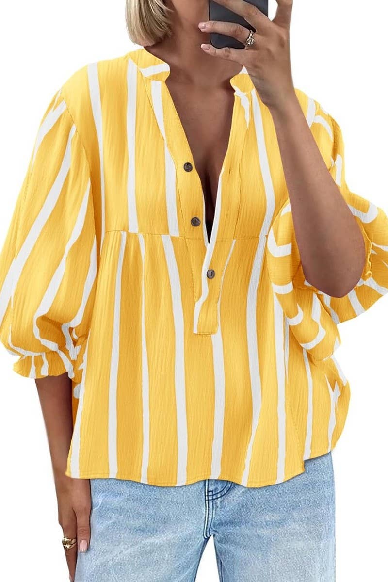 CWTBLL01203_2025 SUMMER FALL STRIPED PUFF SLEEVE BLOUSE