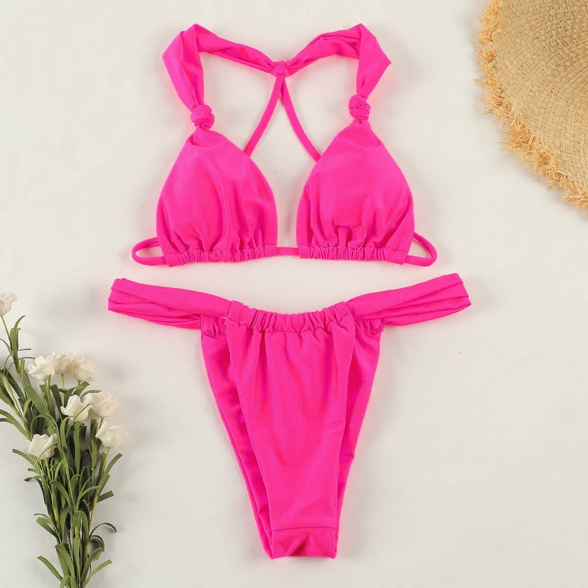 Solid Color Knotted Bikini - Sexy Backless Swimwear_CWMW0260