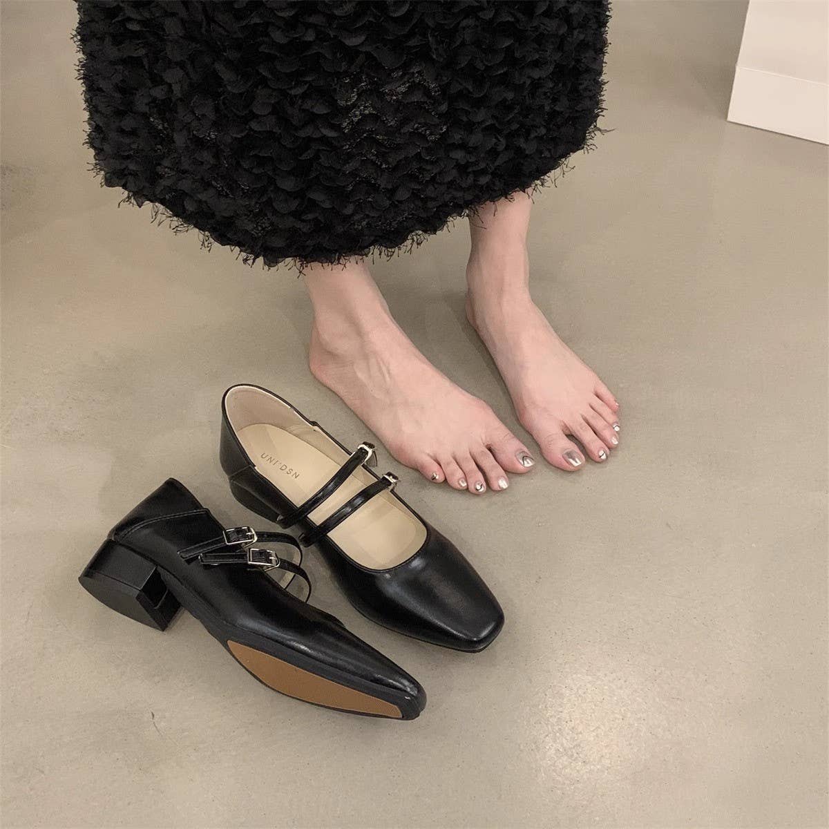 Silver Chunky Heel Mary Jane Shoes for Women