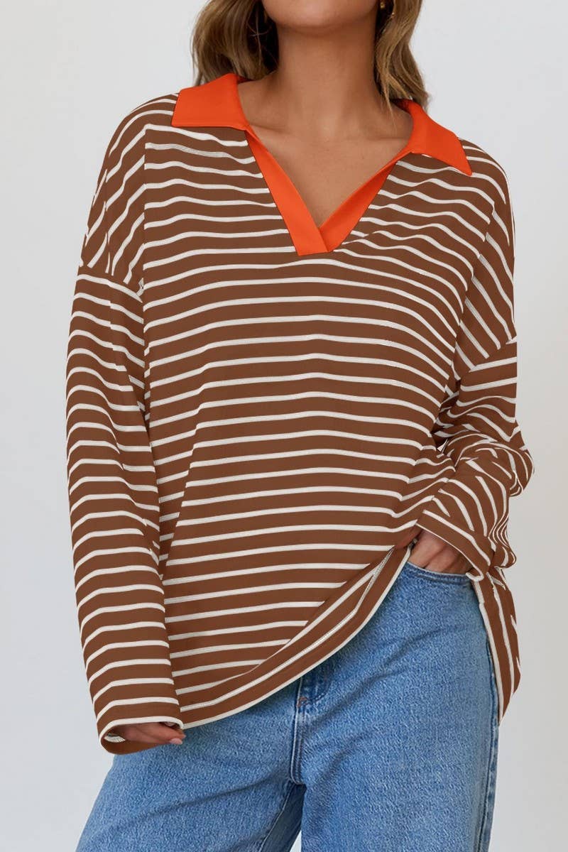 CWTBLL1811_LAPEL STRIPED V-NECK LOOSE SWEATSHIRT