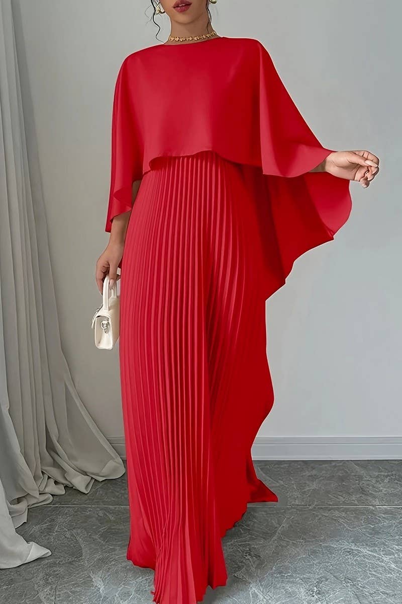 CWDMD6381_LOOSE BAT SLEEVE PLEATED IRREGULAR ELEGANT DRESS