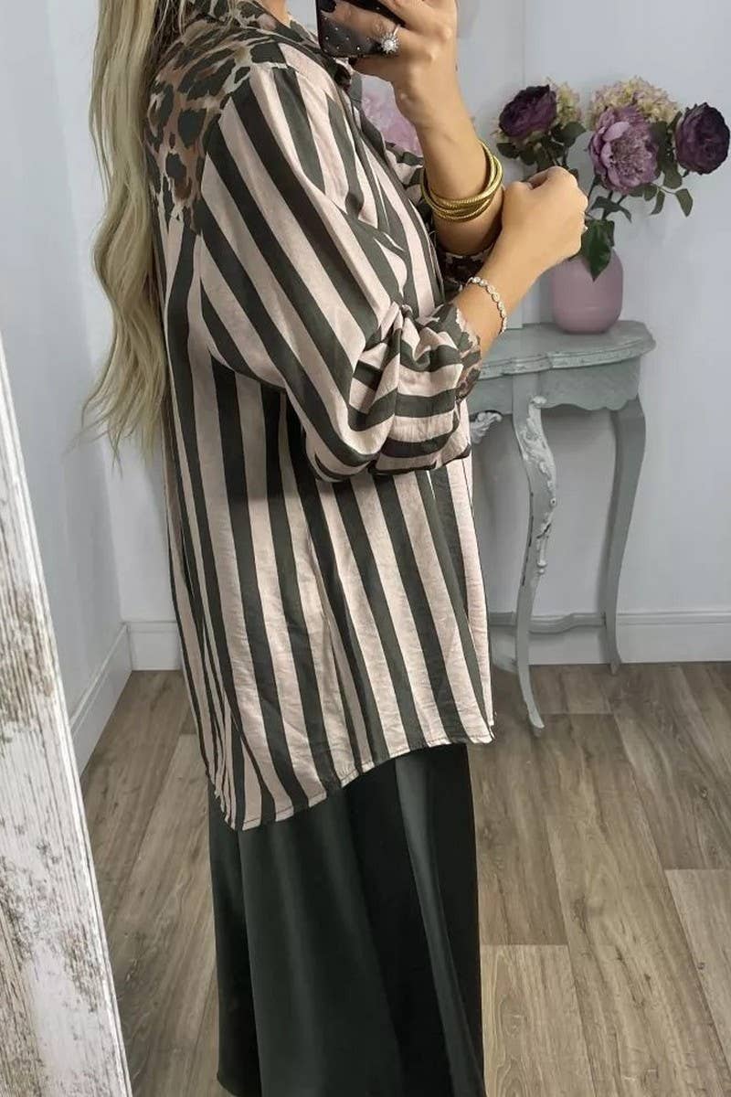 CWTSTL894_STRIPED AND LEOPARD PRINT LOOSE CASUAL SHIRT