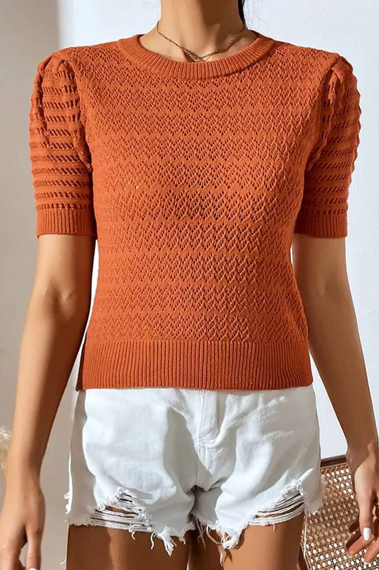 CWTBLS1766_SPRING AND SUMMER HOLLOW SOLID COLOR PULLOVER TOP