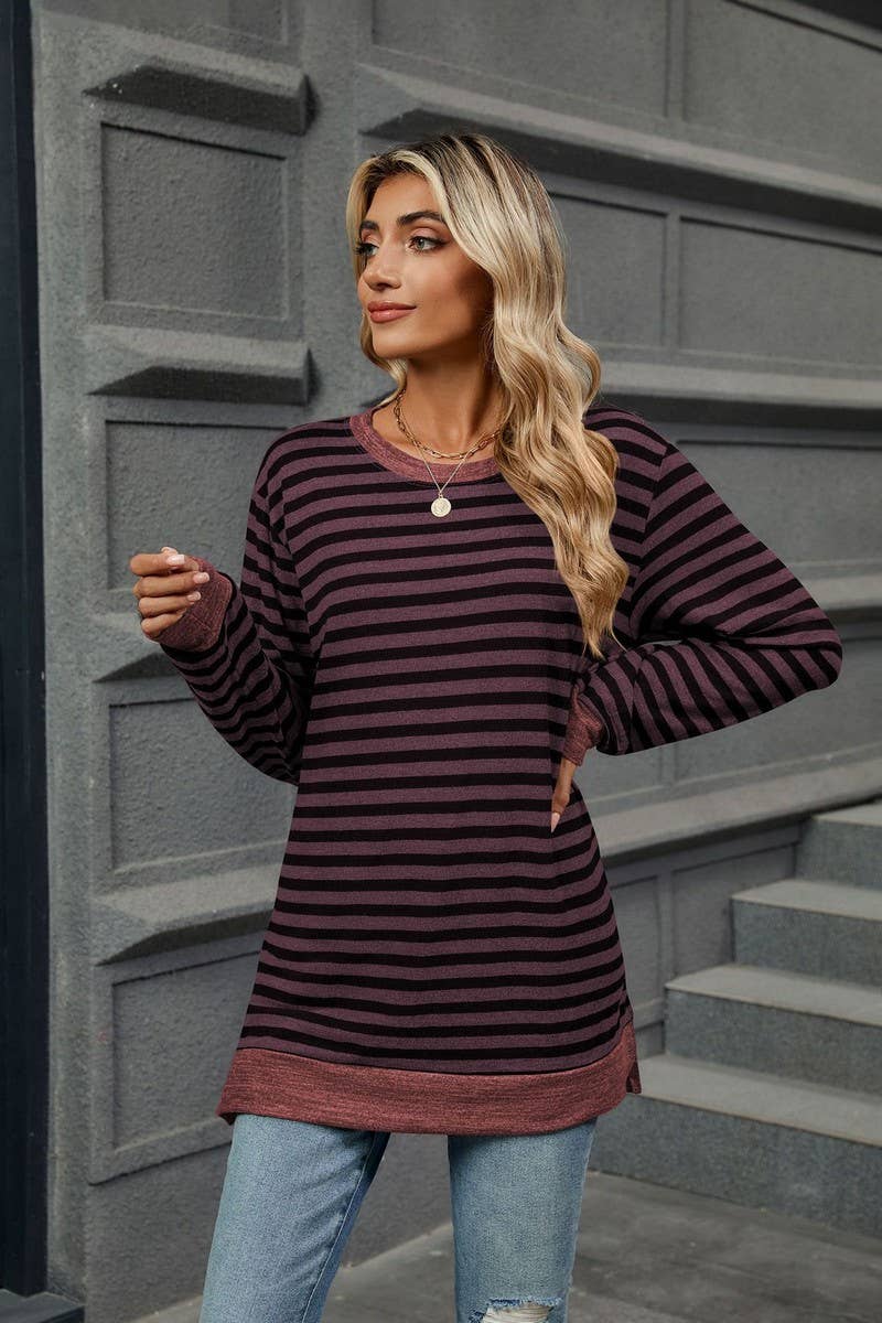 CWTBLL2354_ROUND NECK STRIPED COLORBLOCK LOOSE T-SHIRT TOP