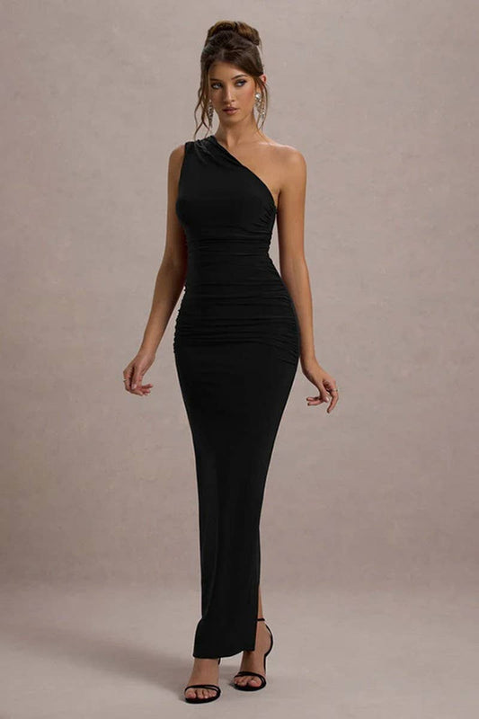 CWDMD5048_OFF-SHOULDER RUCHED BODYCON GOWN DRESS