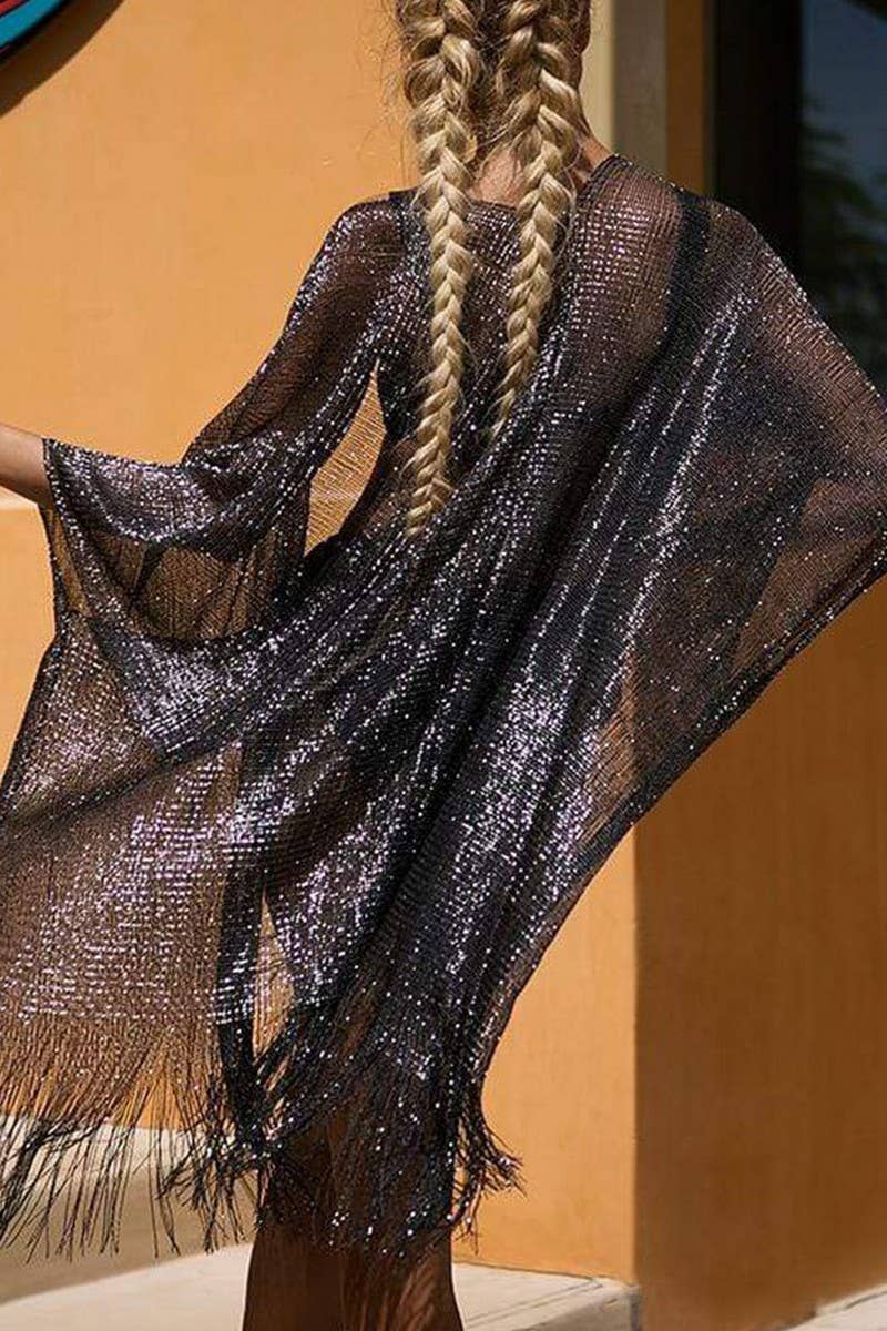 CWTBLL3669_SILVER RIBBON SLEEVES SLIT SHAWL BEACH COVER-UP