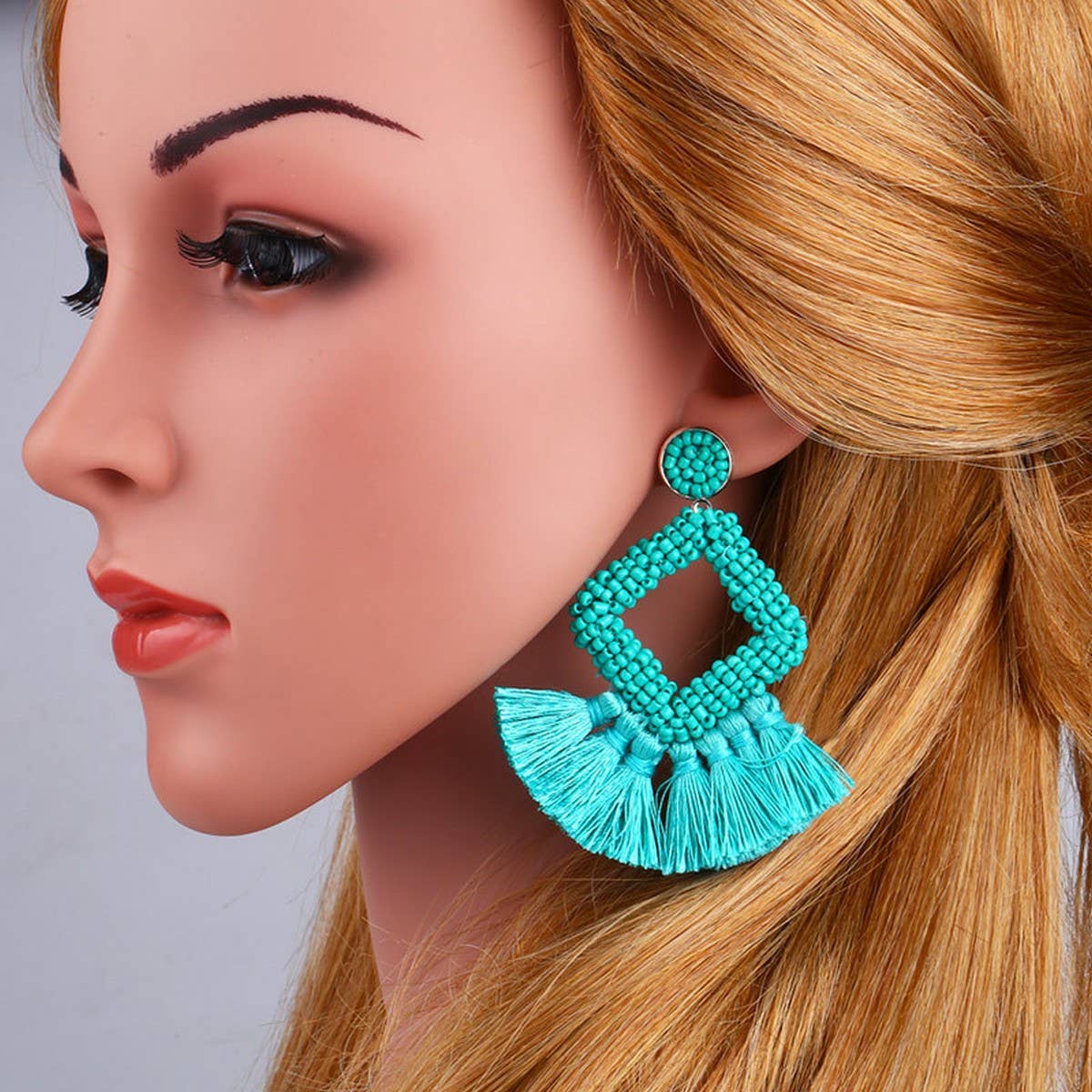 GEOMETRIC DIAMOND SHAPED RICE BEAD TASSEL EARRINGS