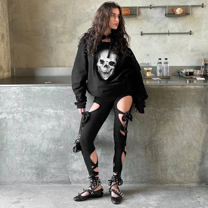 CONTRAST COLOR LOOSE CASUAL SKULL PRINT HOODIE