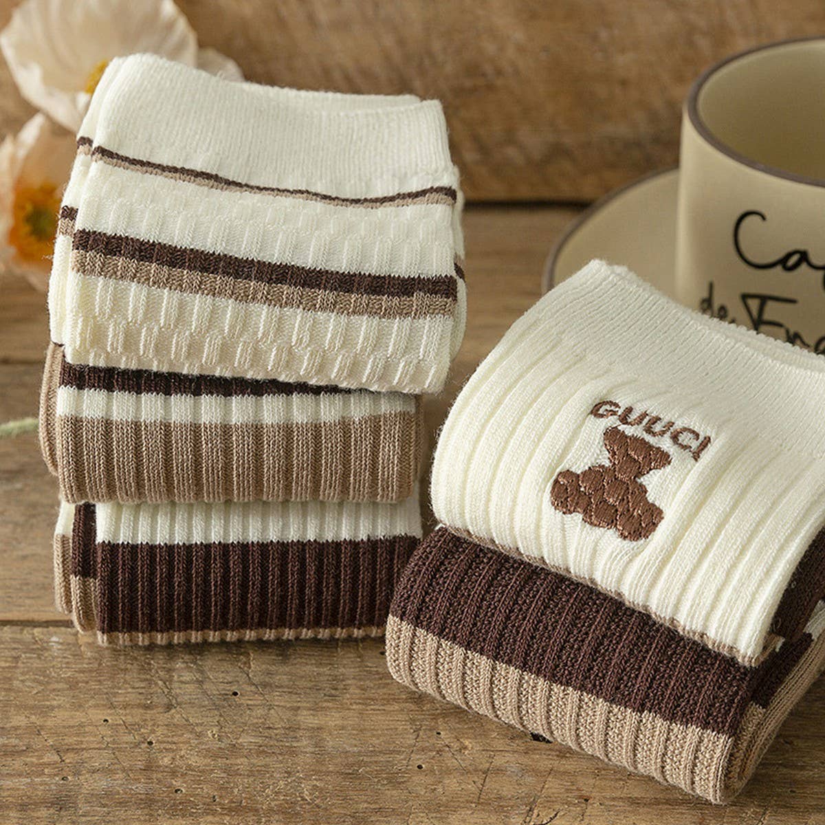 BROWN STRIPED EMBROIDERED BREATHABLE STACKED SOCKS_CWMS1115