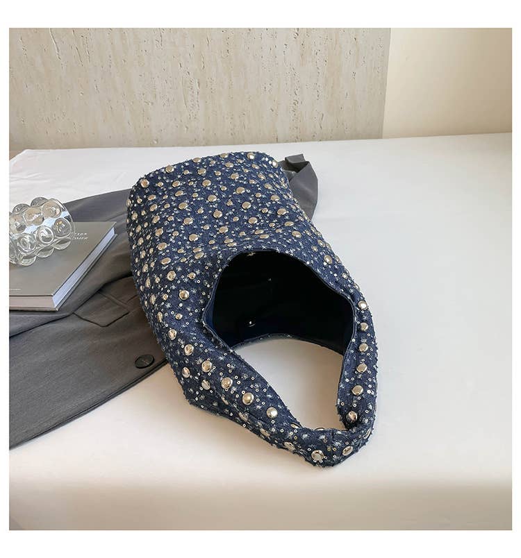 Fashionable riveted denim single-shoulder bag