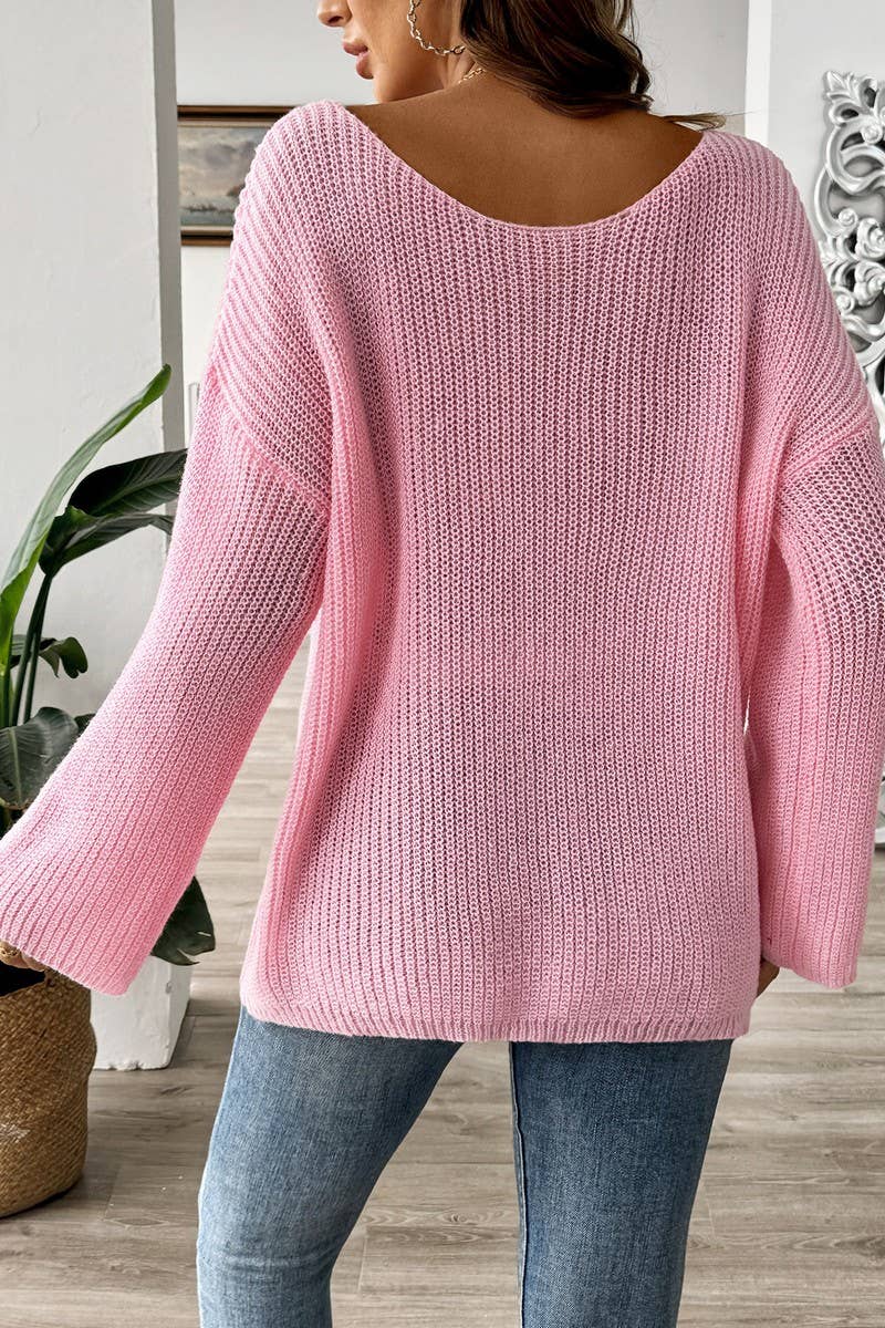 CWOSWL07325_WOMEN OFF-SHOULDER BELL SLEEVE KNIT SWEATER