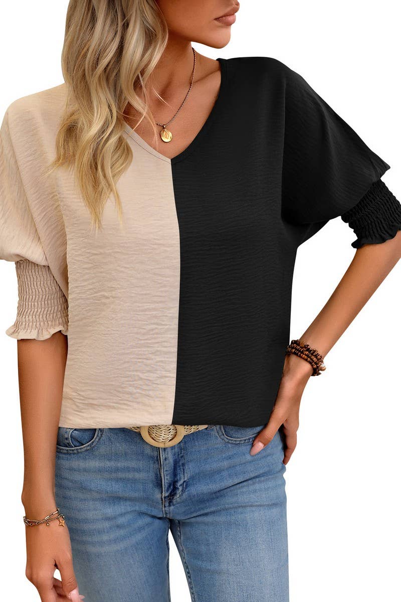 CWTBLS1501_COLORBLOCKED COLLAR LOOSE-FITTING BAT-SLEEVE TOP