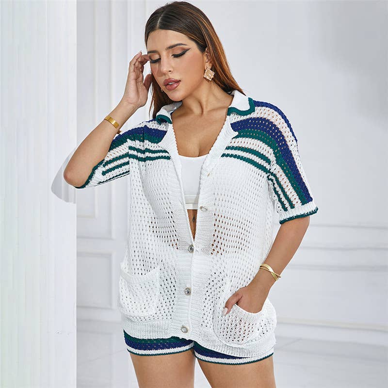 Cut-out cardigan shorts knit casual suit