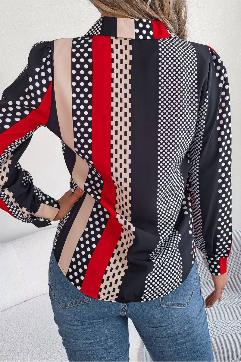 CWTSTL2129_AUTUMN POLKA DOT STRIPED LONG-SLEEVED SHIRT TOP