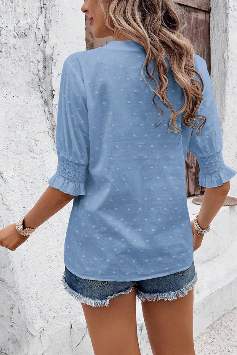 CWTTS00704_V-NECK CASUAL PULLOVER PUFF SLEEVE LOOSE T-SHIRT